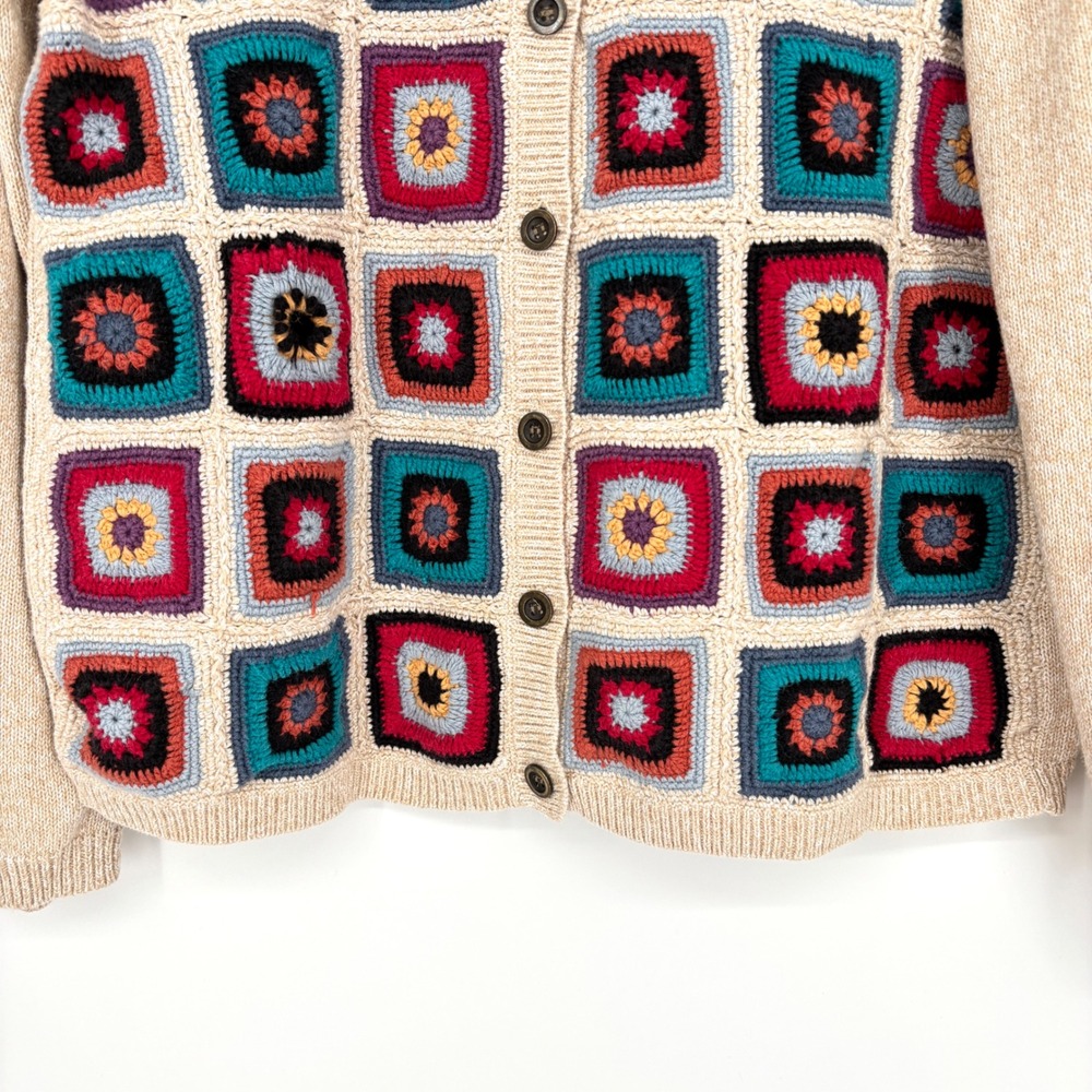 Alfred Dunner Petite Granny Square Crochet Cardigan Sweater Beige Sz PL - Picture 7 of 12